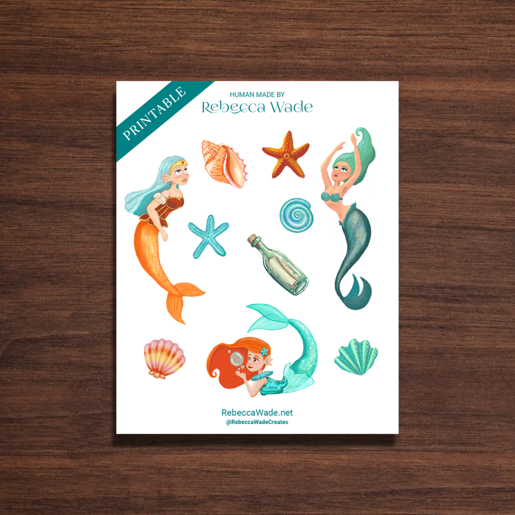 feature image for the Mermaids printable stickers